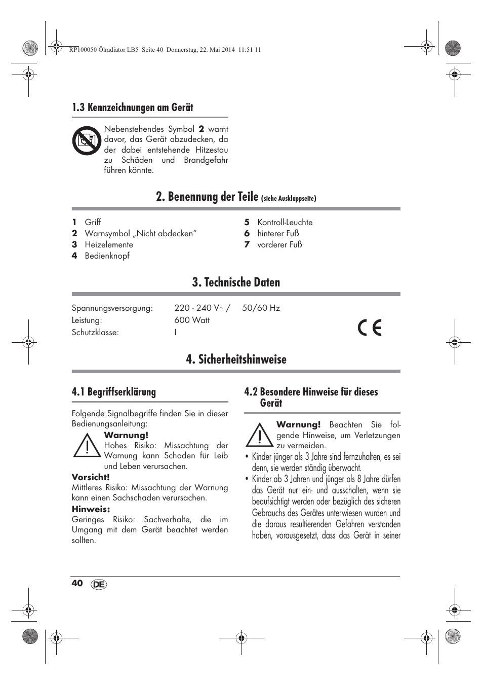 Benennung der teile, Technische daten, Sicherheitshinweise | Silvercrest SOR 600 A1 User Manual | Page 42 / 50