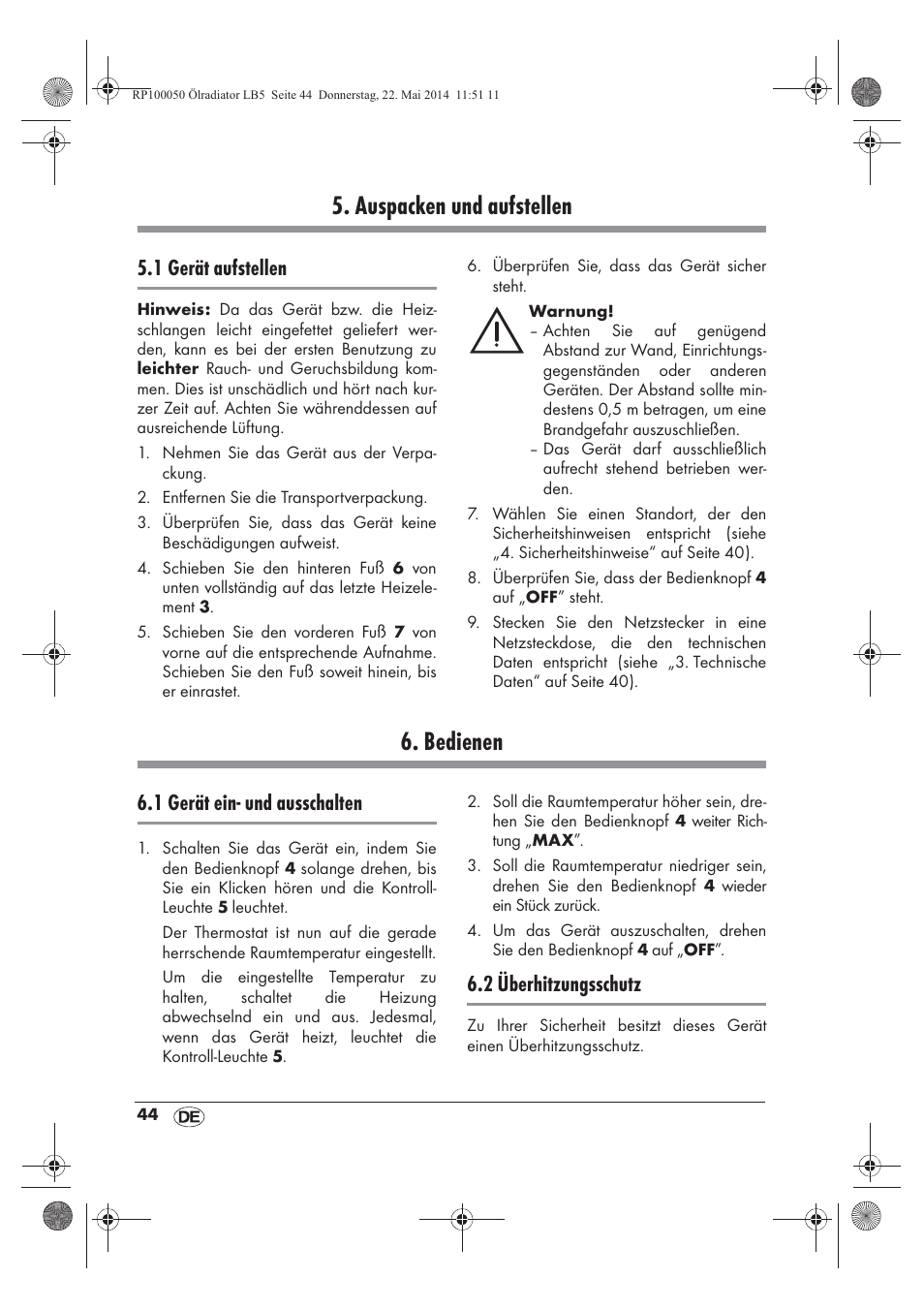 Auspacken und aufstellen, Bedienen, 1 gerät aufstellen | 1 gerät ein- und ausschalten, 2 überhitzungsschutz | Silvercrest SOR 600 A1 User Manual | Page 46 / 50