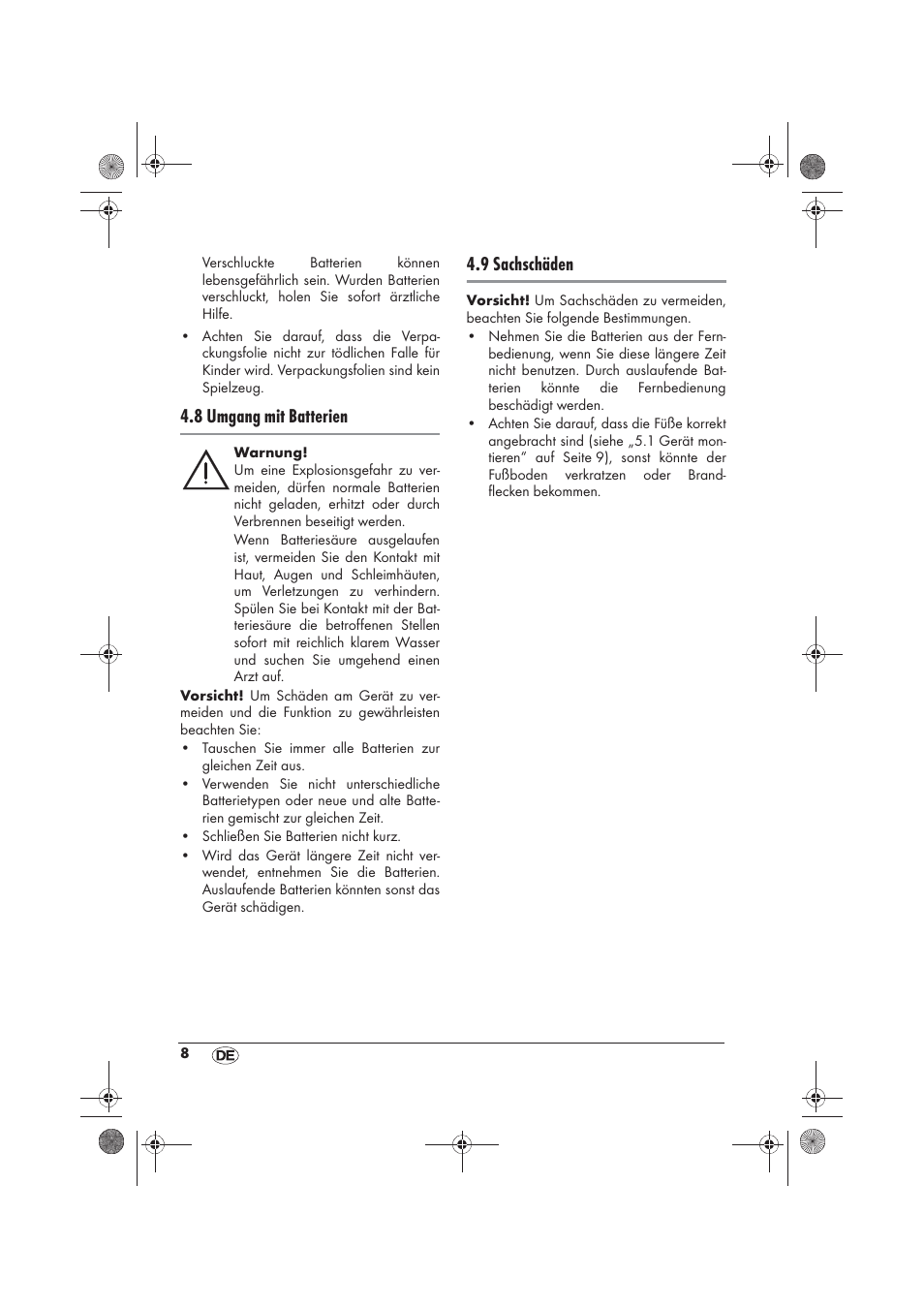 8 umgang mit batterien, 9 sachschäden | Silvercrest SKD 2300 A1 User Manual | Page 10 / 54