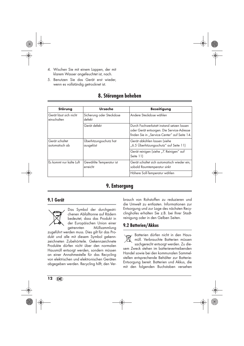Störungen beheben 9. entsorgung, 1 gerät, 2 batterien/akkus | Silvercrest SKD 2300 A1 User Manual | Page 14 / 54
