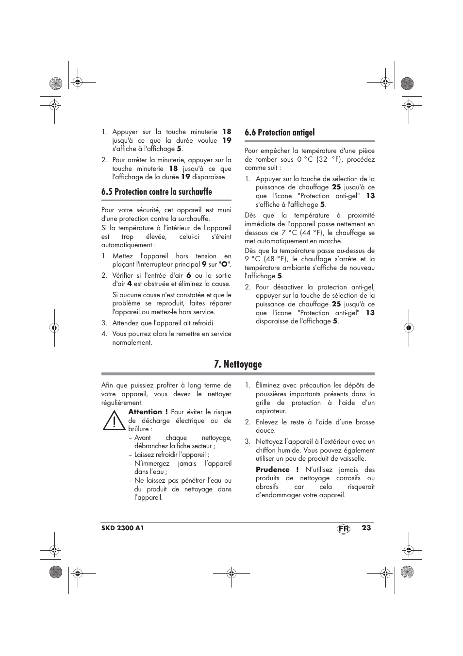 Nettoyage, 5 protection contre la surchauffe, 6 protection antigel | Silvercrest SKD 2300 A1 User Manual | Page 25 / 54