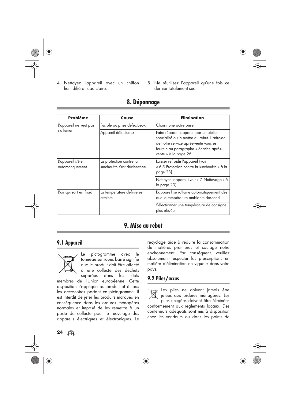 Dépannage 9. mise au rebut, 1 appareil, 2 piles/accus | Silvercrest SKD 2300 A1 User Manual | Page 26 / 54
