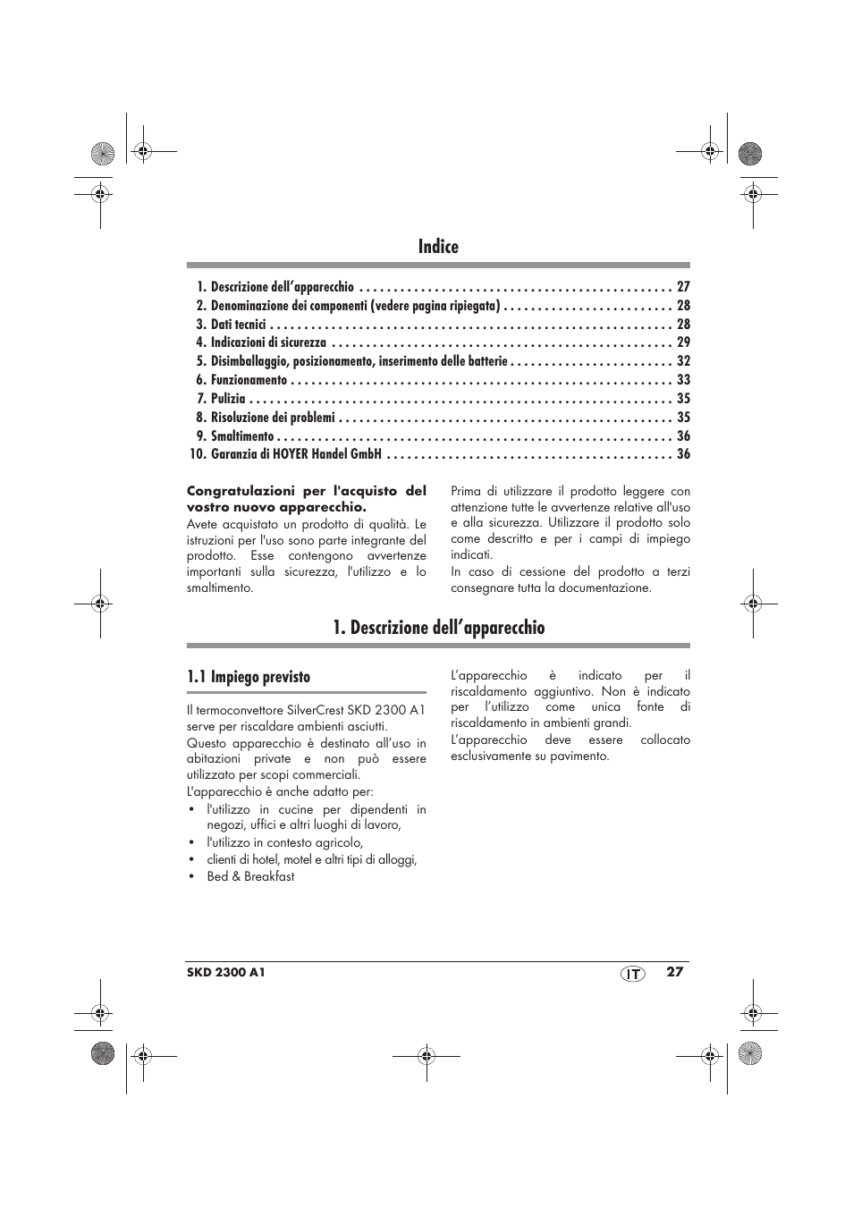 Indice, Descrizione dell’apparecchio | Silvercrest SKD 2300 A1 User Manual | Page 29 / 54