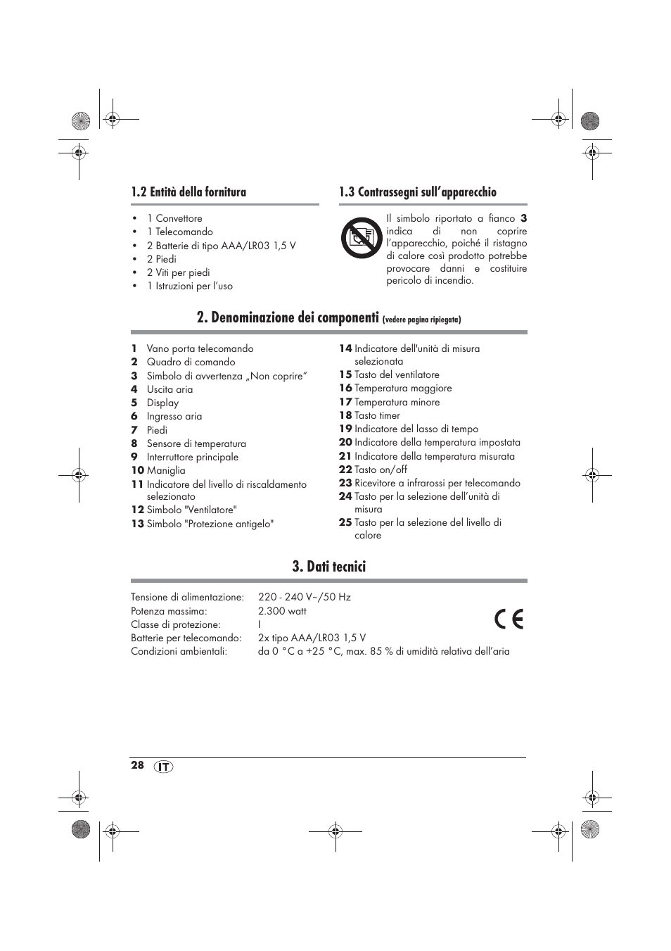 Denominazione dei componenti, Dati tecnici, 2 entità della fornitura | 3 contrassegni sull’apparecchio | Silvercrest SKD 2300 A1 User Manual | Page 30 / 54