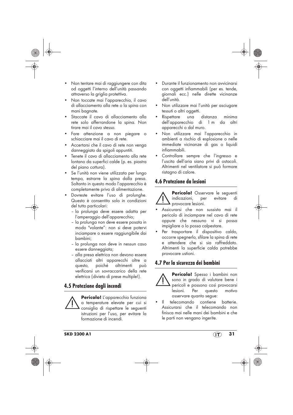 5 protezione dagli incendi, 6 protezione da lesioni, 7 per la sicurezza dei bambini | Silvercrest SKD 2300 A1 User Manual | Page 33 / 54