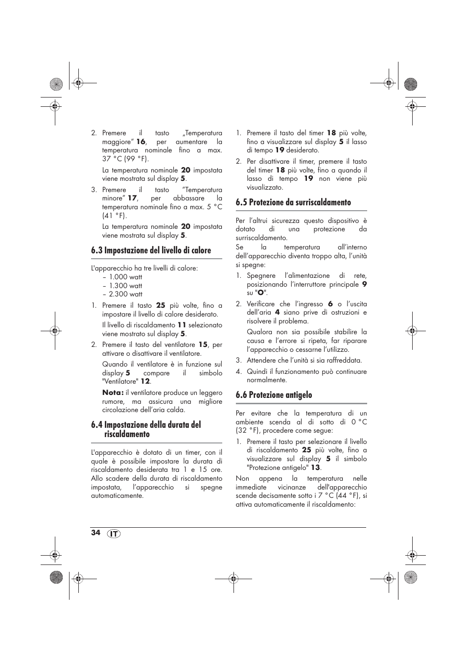 3 impostazione del livello di calore, 4 impostazione della durata del riscaldamento, 5 protezione da surriscaldamento | 6 protezione antigelo | Silvercrest SKD 2300 A1 User Manual | Page 36 / 54