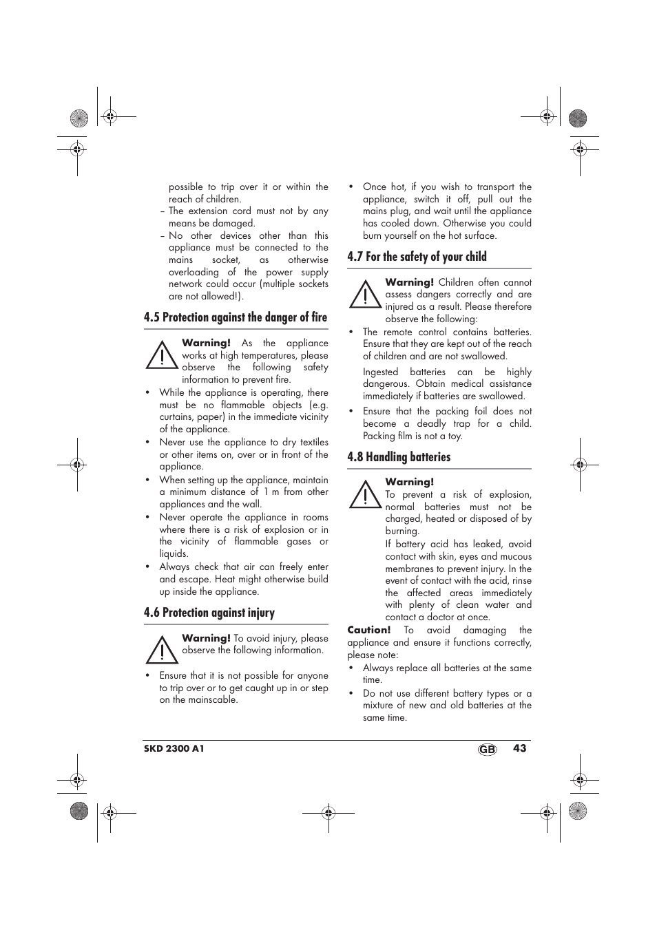 5 protection against the danger of fire, 6 protection against injury, 7 for the safety of your child | 8 handling batteries | Silvercrest SKD 2300 A1 User Manual | Page 45 / 54