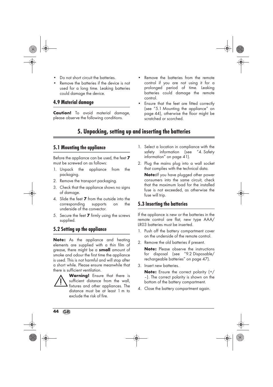 Unpacking, setting up and inserting the batteries, 9 material damage, 1 mounting the appliance | 2 setting up the appliance, 3 inserting the batteries | Silvercrest SKD 2300 A1 User Manual | Page 46 / 54