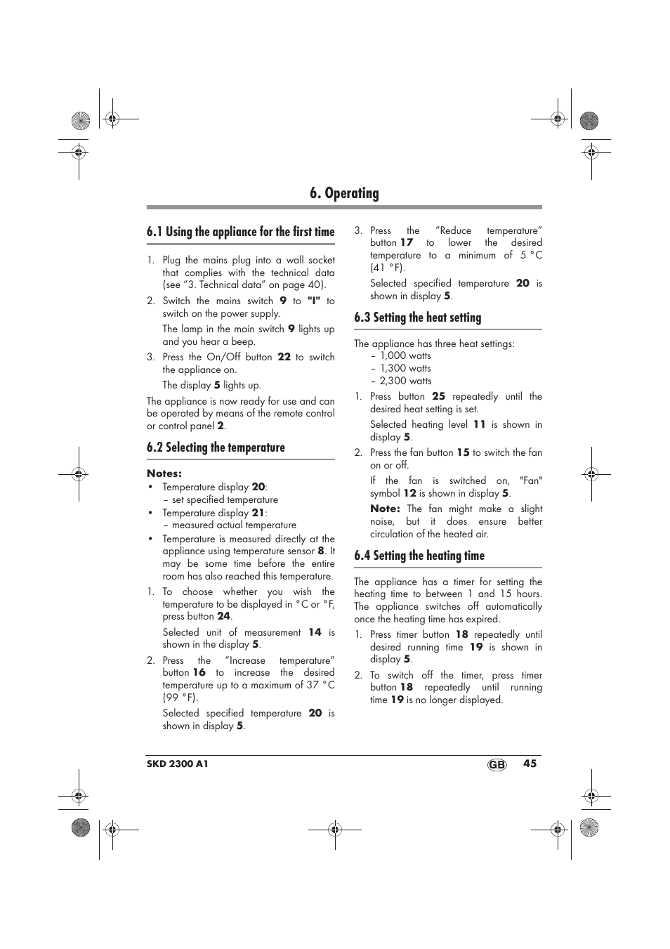 Operating, 1 using the appliance for the first time, 2 selecting the temperature | 3 setting the heat setting, 4 setting the heating time | Silvercrest SKD 2300 A1 User Manual | Page 47 / 54