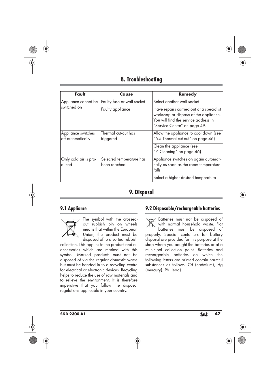 Troubleshooting 9. disposal, 1 appliance, 2 disposable/rechargeable batteries | Silvercrest SKD 2300 A1 User Manual | Page 49 / 54