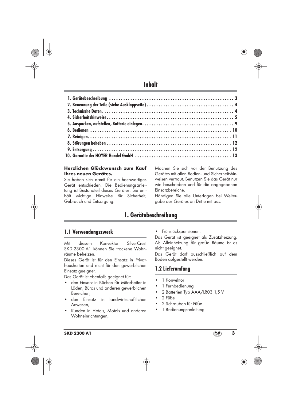 Inhalt, Gerätebeschreibung, 1 verwendungszweck | 2 lieferumfang | Silvercrest SKD 2300 A1 User Manual | Page 5 / 54