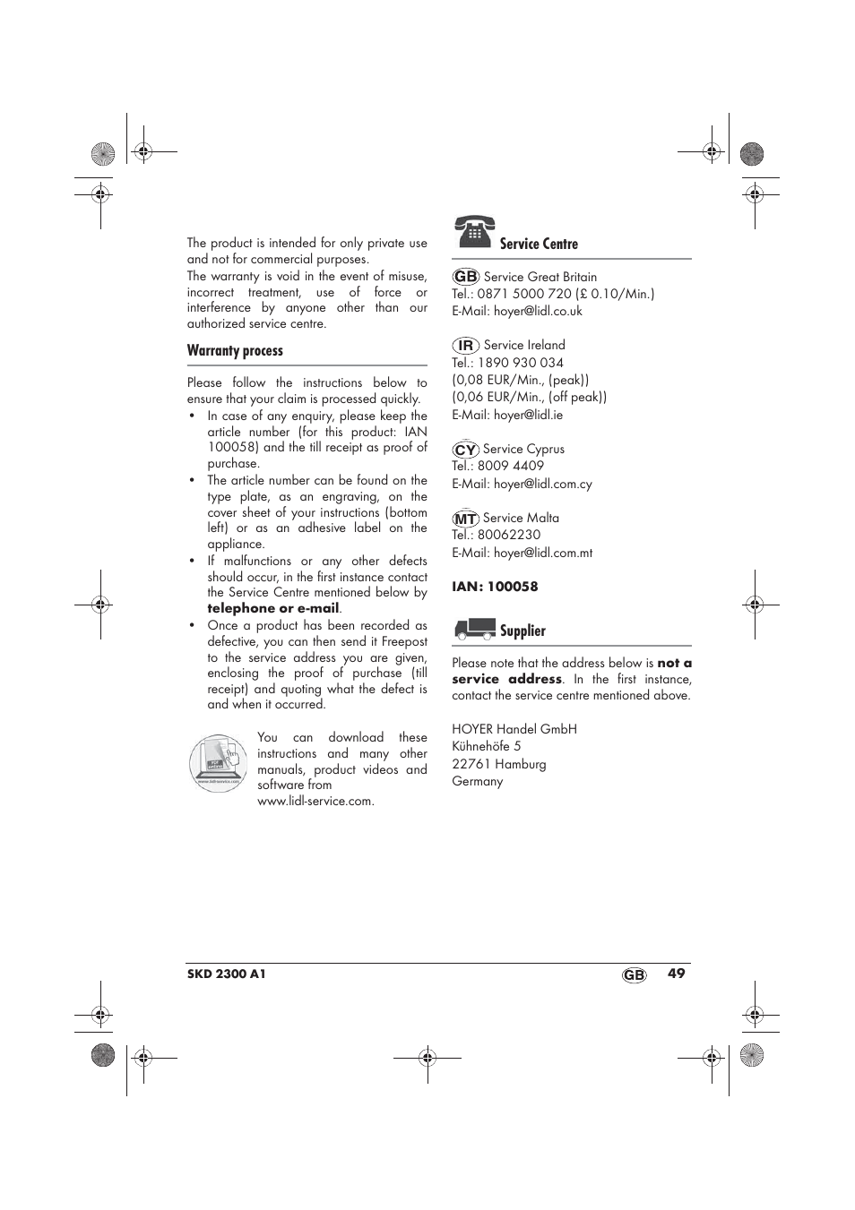 Warranty process, Service centre, Supplier | Silvercrest SKD 2300 A1 User Manual | Page 51 / 54