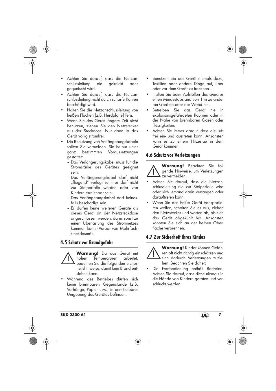 5 schutz vor brandgefahr, 6 schutz vor verletzungen, 7 zur sicherheit ihres kindes | Silvercrest SKD 2300 A1 User Manual | Page 9 / 54
