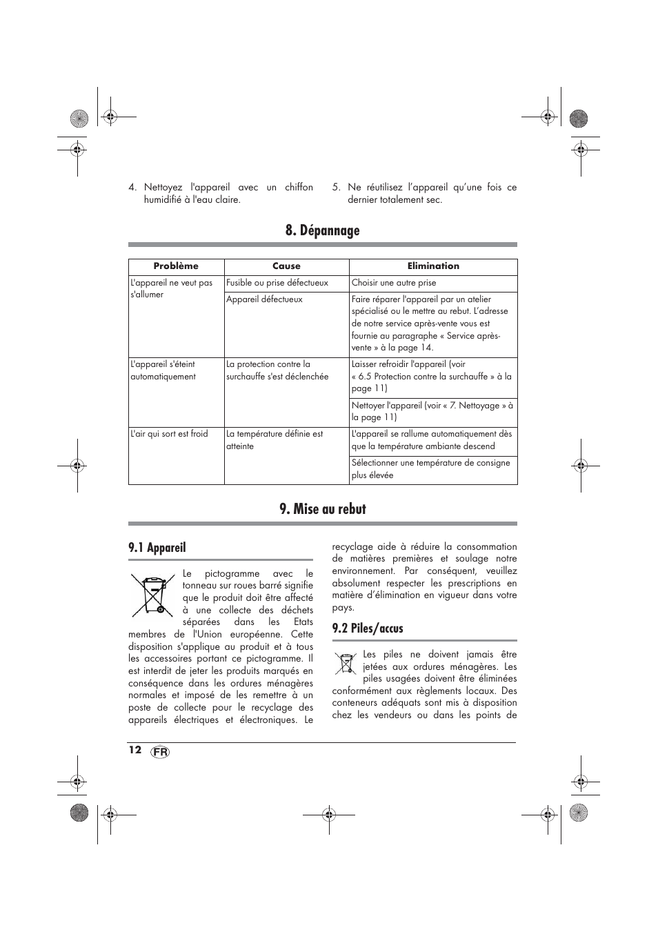 Dépannage 9. mise au rebut, 1 appareil, 2 piles/accus | Silvercrest SKD 2300 A1 User Manual | Page 14 / 54