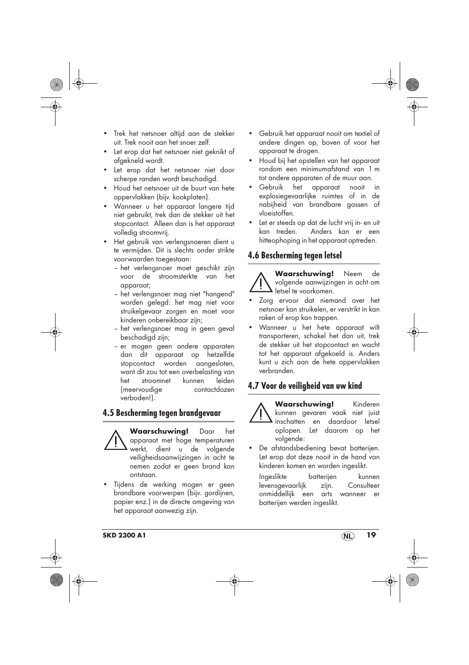 5 bescherming tegen brandgevaar, 6 bescherming tegen letsel, 7 voor de veiligheid van uw kind | Silvercrest SKD 2300 A1 User Manual | Page 21 / 54