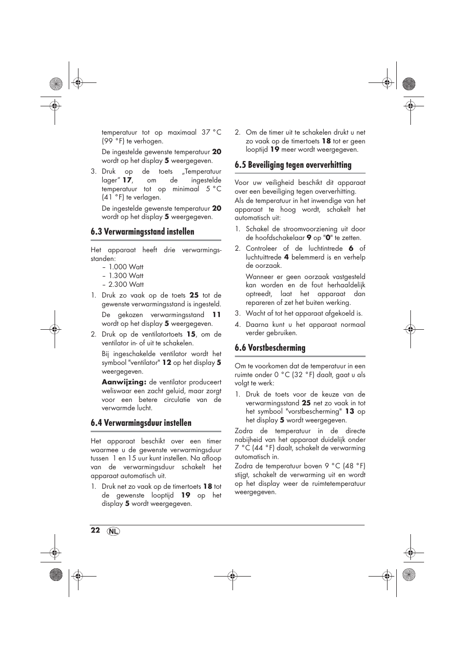 3 verwarmingsstand instellen, 4 verwarmingsduur instellen, 5 beveiliging tegen oververhitting | 6 vorstbescherming | Silvercrest SKD 2300 A1 User Manual | Page 24 / 54