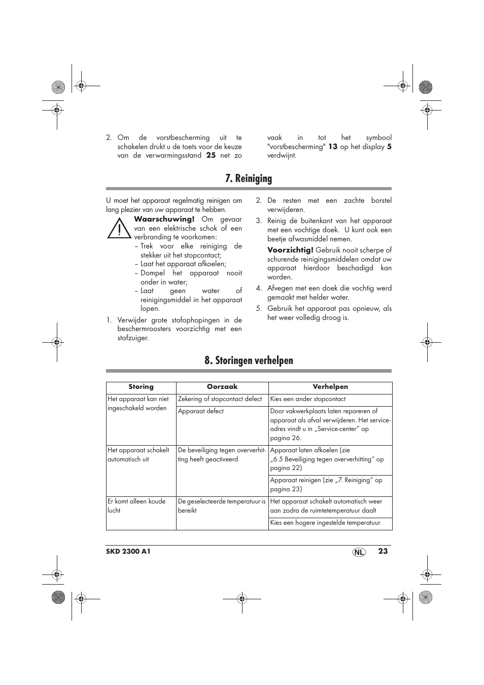 Reiniging, Storingen verhelpen | Silvercrest SKD 2300 A1 User Manual | Page 25 / 54