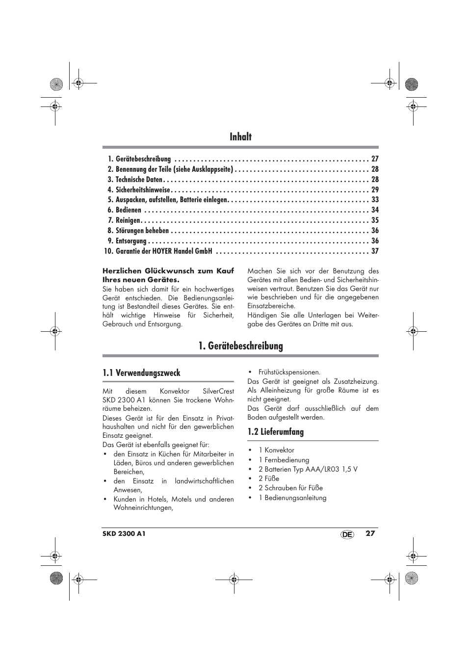 Inhalt, Gerätebeschreibung, 1 verwendungszweck | 2 lieferumfang | Silvercrest SKD 2300 A1 User Manual | Page 29 / 54