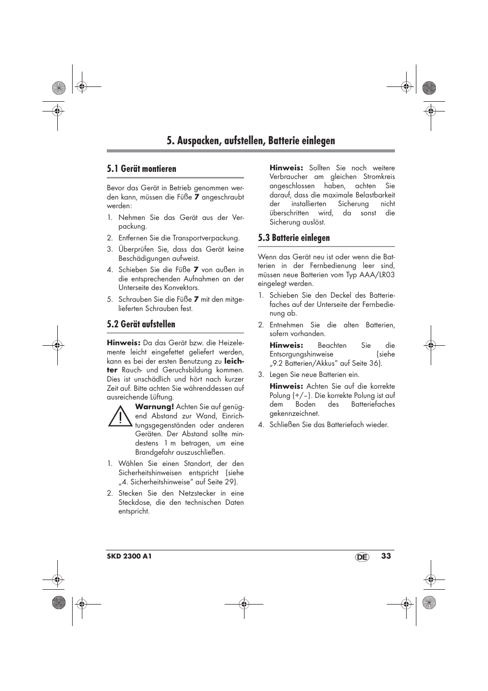 Auspacken, aufstellen, batterie einlegen, 1 gerät montieren, 2 gerät aufstellen | 3 batterie einlegen | Silvercrest SKD 2300 A1 User Manual | Page 35 / 54