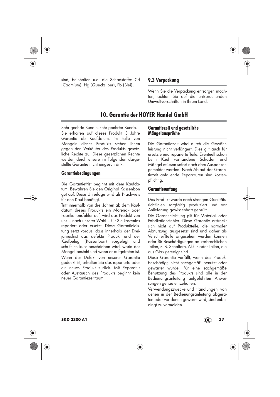 Garantie der hoyer handel gmbh | Silvercrest SKD 2300 A1 User Manual | Page 39 / 54