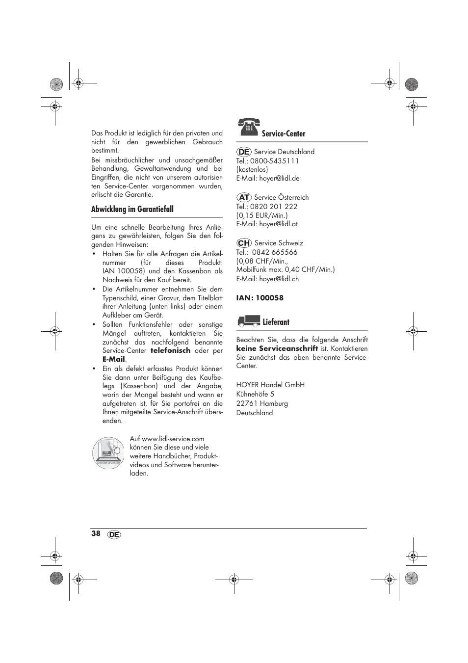 Abwicklung im garantiefall, Service-center, Lieferant | Silvercrest SKD 2300 A1 User Manual | Page 40 / 54