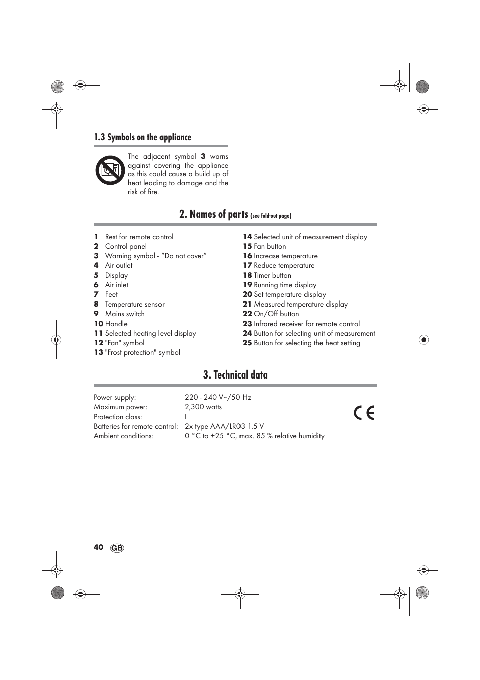 Names of parts, Technical data, 3 symbols on the appliance | Silvercrest SKD 2300 A1 User Manual | Page 42 / 54