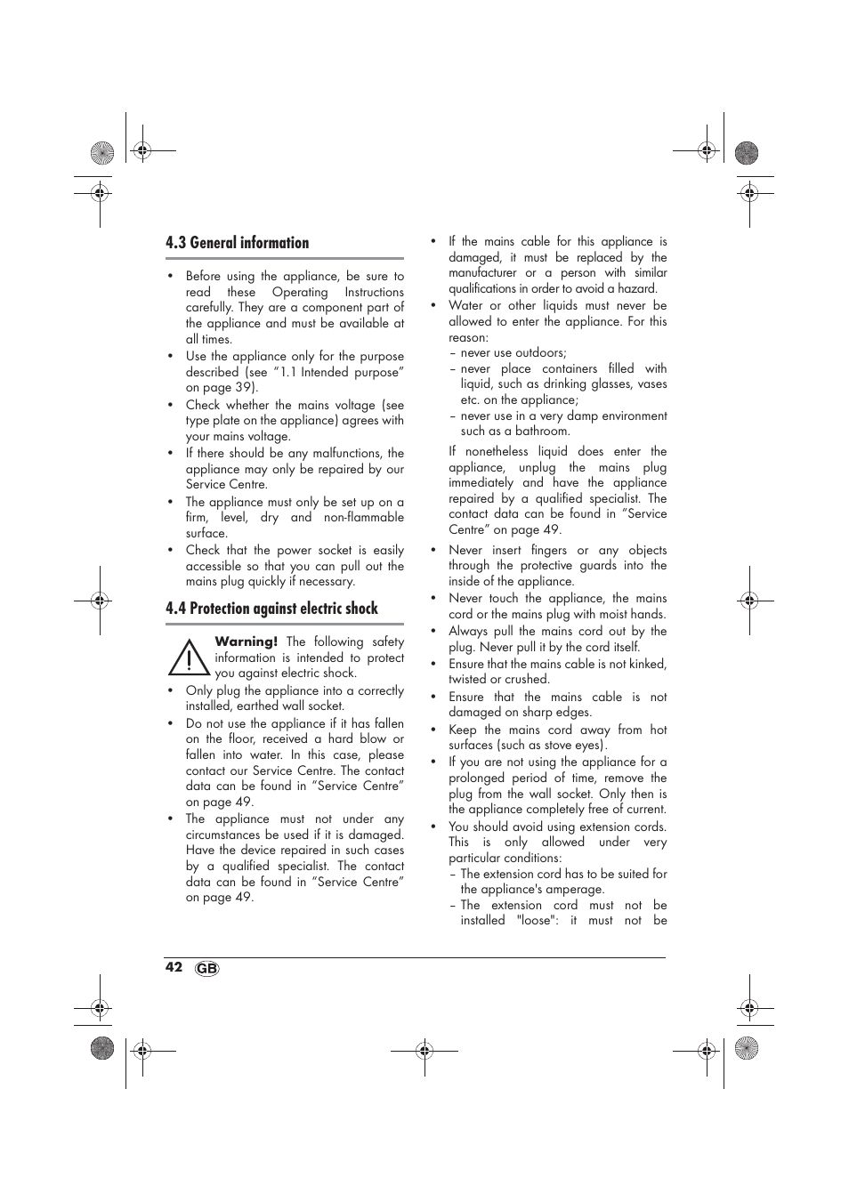 3 general information, 4 protection against electric shock | Silvercrest SKD 2300 A1 User Manual | Page 44 / 54