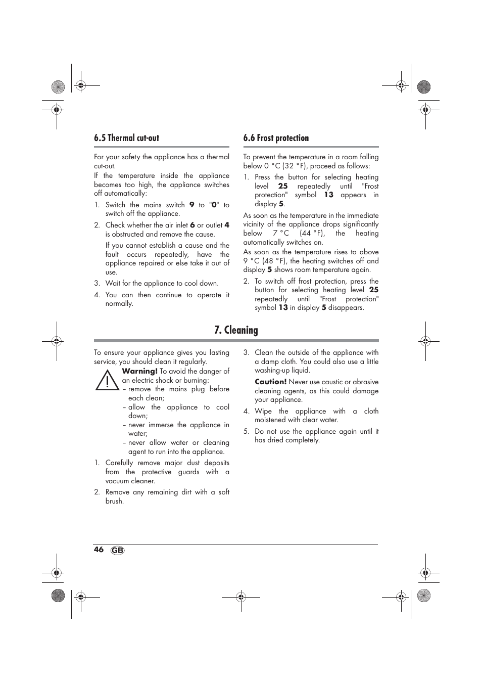 Cleaning, 5 thermal cut-out, 6 frost protection | Silvercrest SKD 2300 A1 User Manual | Page 48 / 54