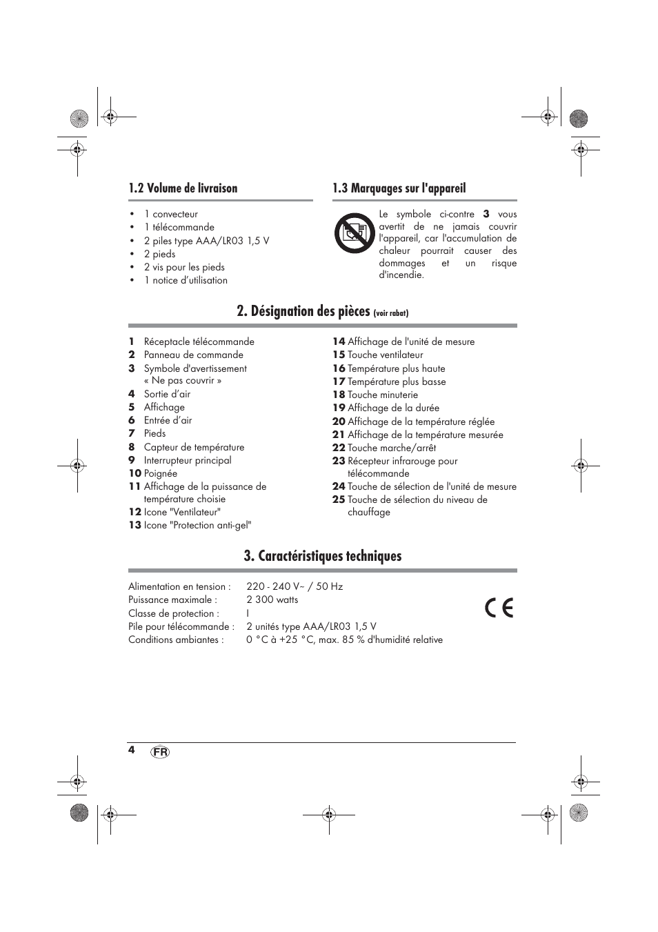 Désignation des pièces, Caractéristiques techniques, 2 volume de livraison | 3 marquages sur l'appareil | Silvercrest SKD 2300 A1 User Manual | Page 6 / 54