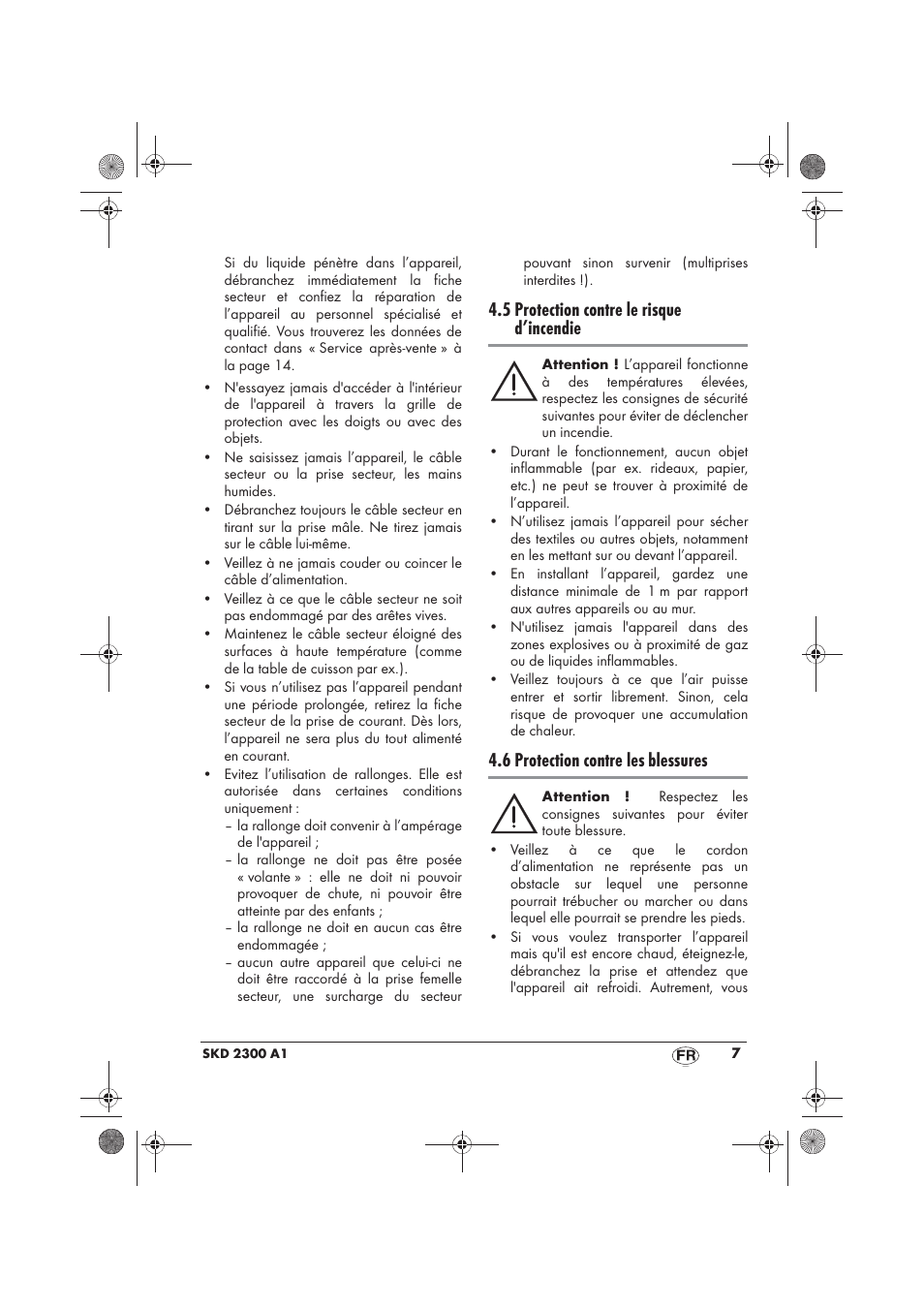 5 protection contre le risque d’incendie, 6 protection contre les blessures | Silvercrest SKD 2300 A1 User Manual | Page 9 / 54