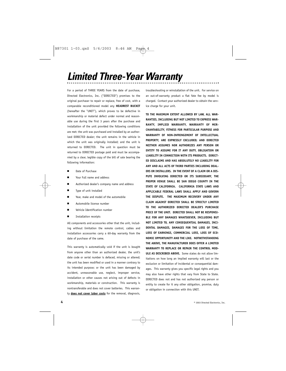 Limited three-year warranty | Directed Video HRB100 User Manual | Page 4 / 12