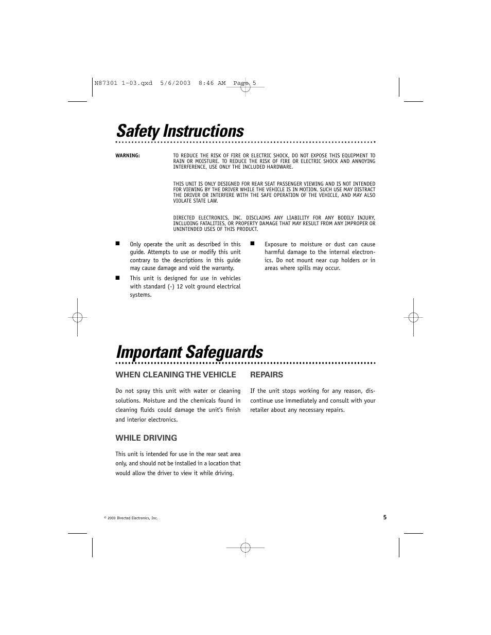 Important safeguards, Safety instructions | Directed Video HRB100 User Manual | Page 5 / 12