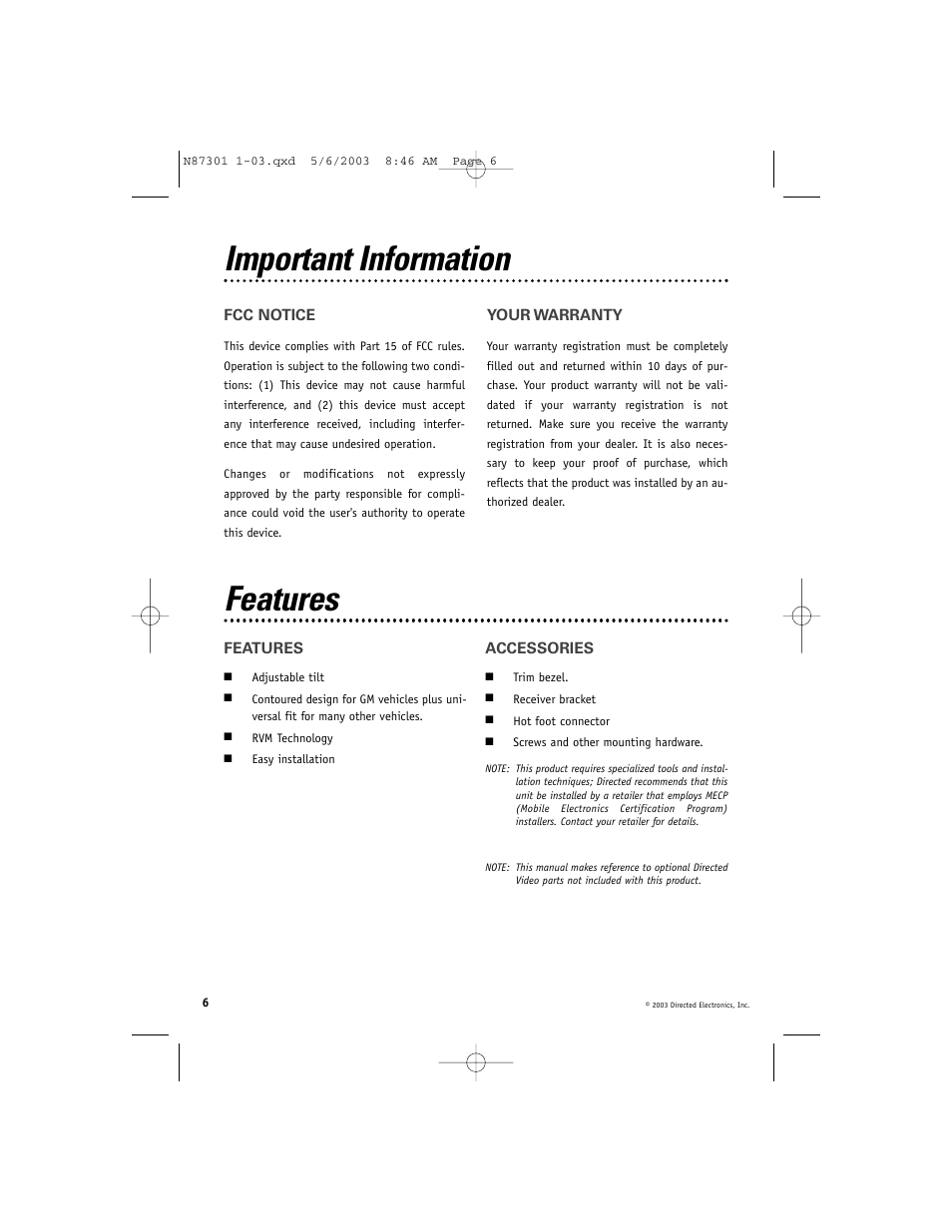 Important information, Features | Directed Video HRB100 User Manual | Page 6 / 12