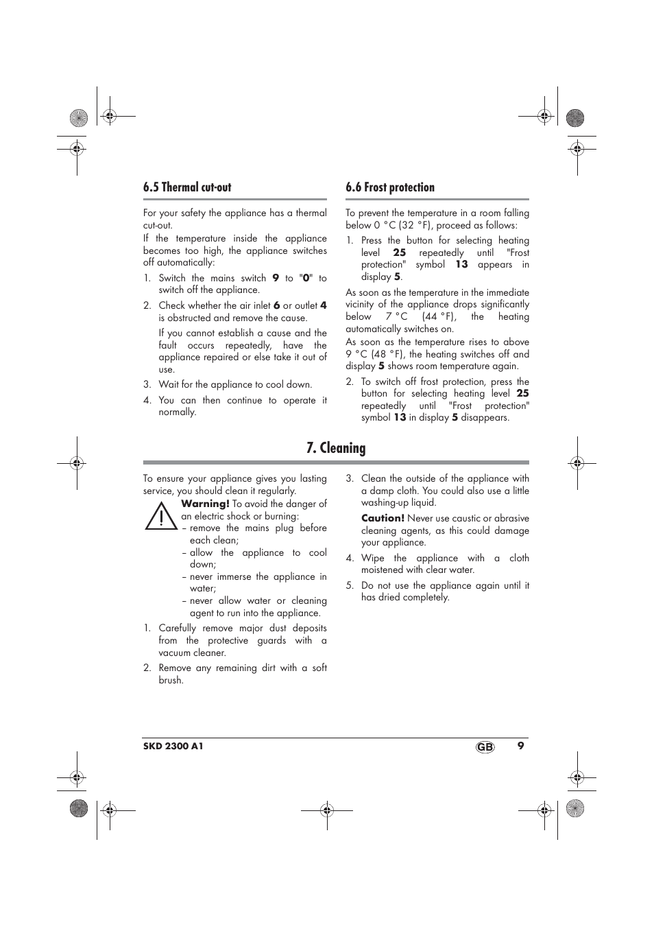 Cleaning, 5 thermal cut-out, 6 frost protection | Silvercrest SKD 2300 A1 User Manual | Page 11 / 86