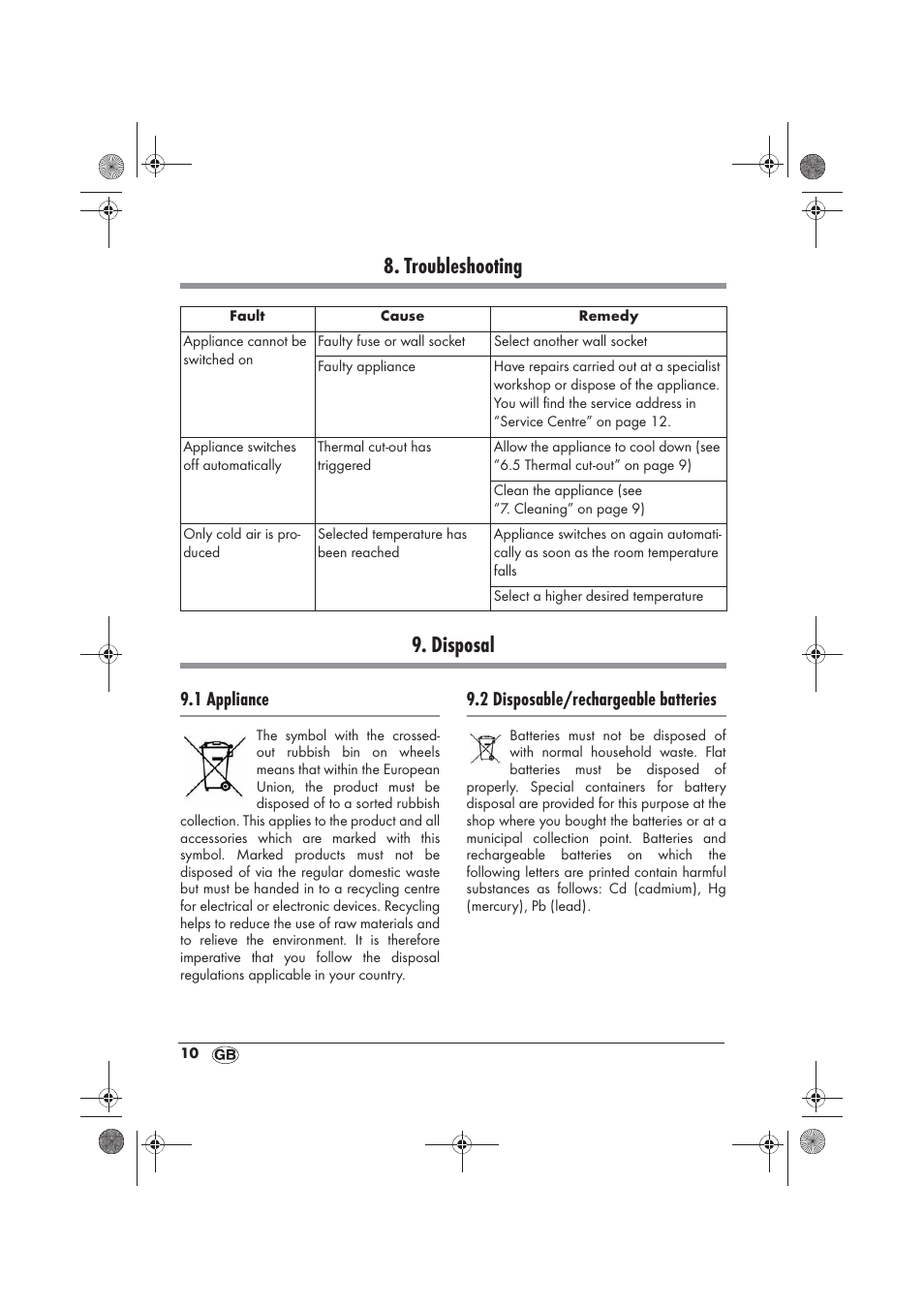 Troubleshooting 9. disposal, 1 appliance, 2 disposable/rechargeable batteries | Silvercrest SKD 2300 A1 User Manual | Page 12 / 86