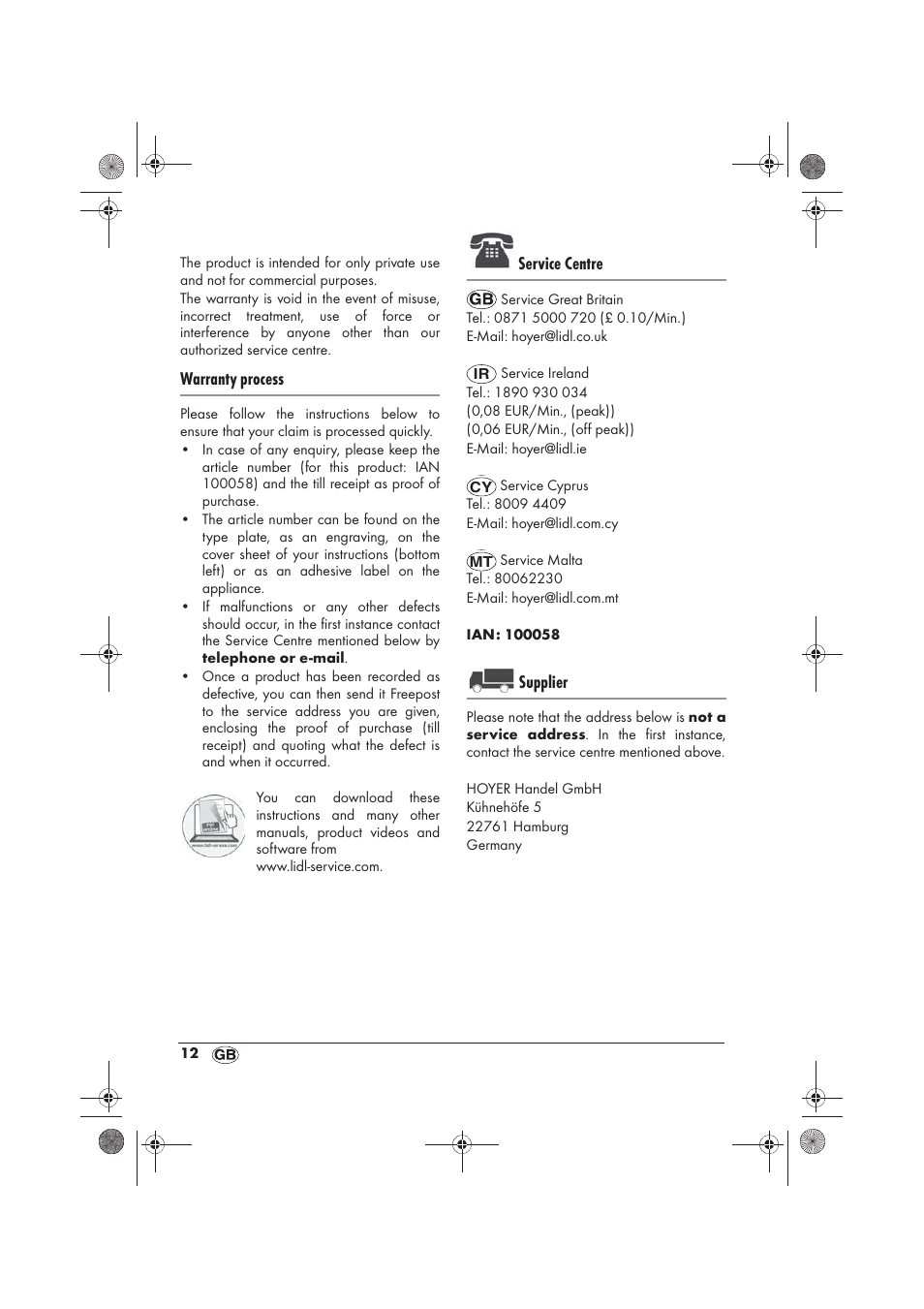 Warranty process, Service centre, Supplier | Silvercrest SKD 2300 A1 User Manual | Page 14 / 86