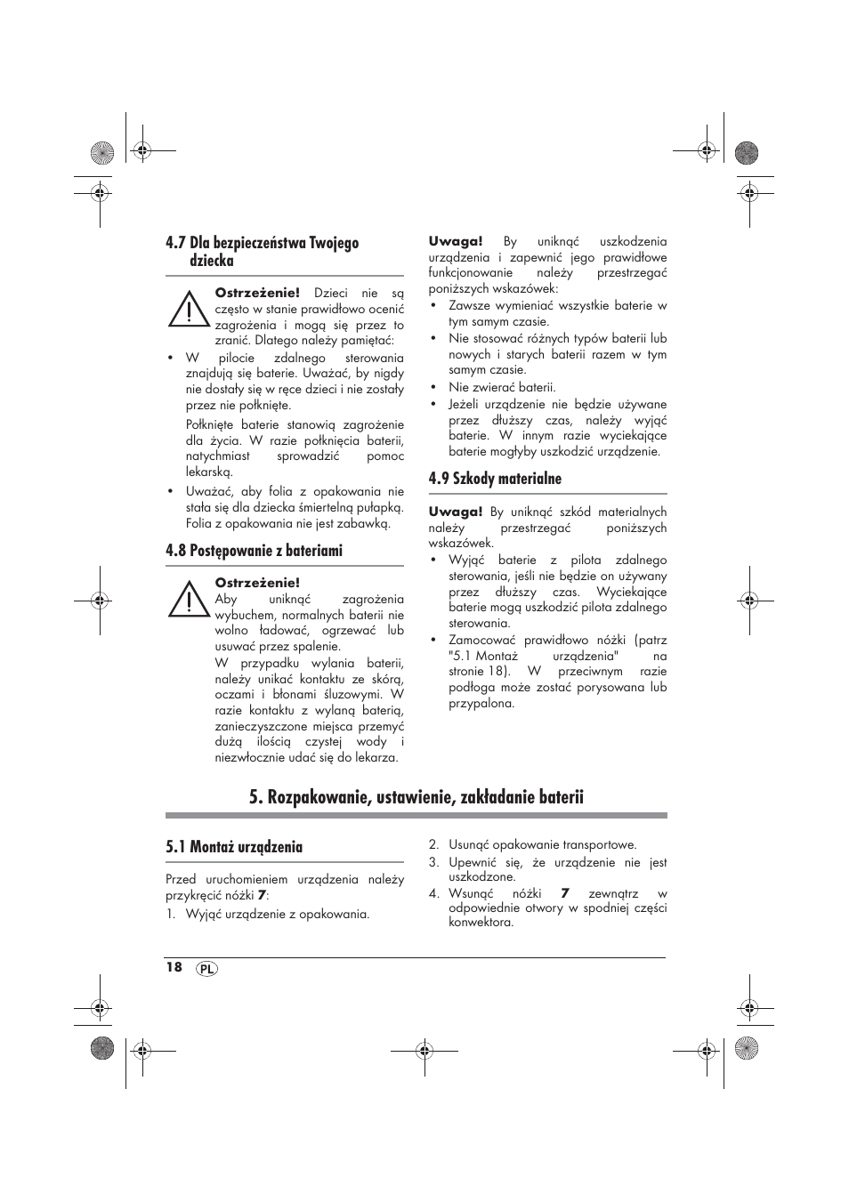 Rozpakowanie, ustawienie, zakładanie baterii, 7 dla bezpieczeństwa twojego dziecka, 8 postępowanie z bateriami | 9 szkody materialne, 1 montaż urządzenia | Silvercrest SKD 2300 A1 User Manual | Page 20 / 86