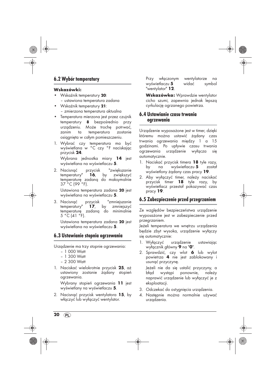 2 wybór temperatury, 3 ustawianie stopnia ogrzewania, 4 ustawianie czasu trwania ogrzewania | 5 zabezpieczenie przed przegrzaniem | Silvercrest SKD 2300 A1 User Manual | Page 22 / 86