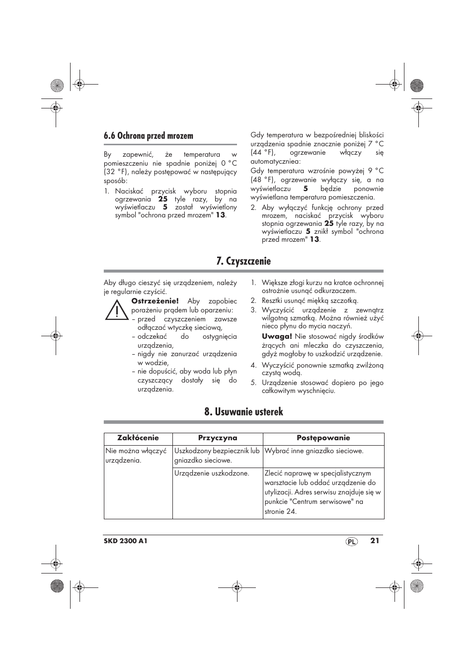 Czyszczenie, Usuwanie usterek, 6 ochrona przed mrozem | Silvercrest SKD 2300 A1 User Manual | Page 23 / 86