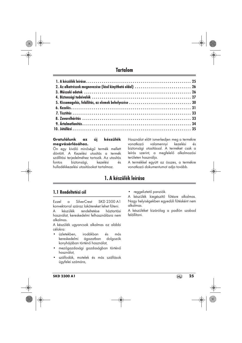 Tartalom, A készülék leírása, 1 rendeltetési cél | Silvercrest SKD 2300 A1 User Manual | Page 27 / 86