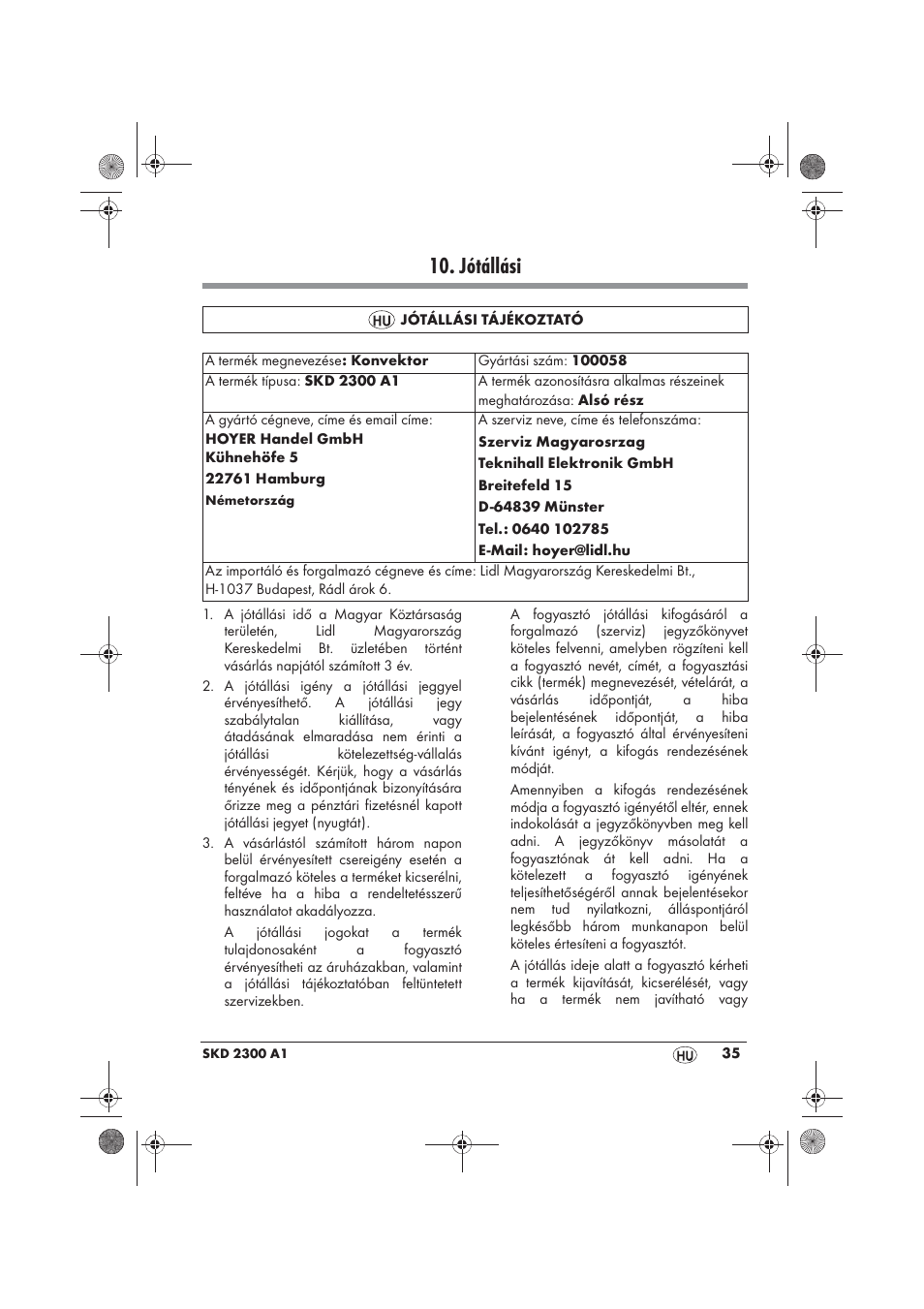 Jótállási | Silvercrest SKD 2300 A1 User Manual | Page 37 / 86