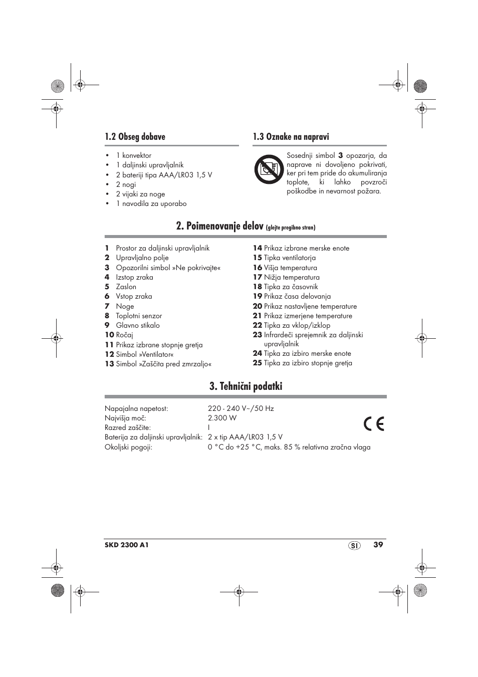 Poimenovanje delov, Tehnični podatki, 2 obseg dobave | 3 oznake na napravi | Silvercrest SKD 2300 A1 User Manual | Page 41 / 86