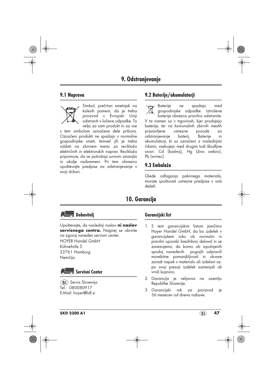 Odstranjevanje, Garancija | Silvercrest SKD 2300 A1 User Manual | Page 49 / 86