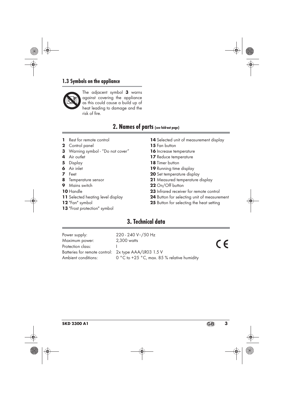 Names of parts, Technical data, 3 symbols on the appliance | Silvercrest SKD 2300 A1 User Manual | Page 5 / 86