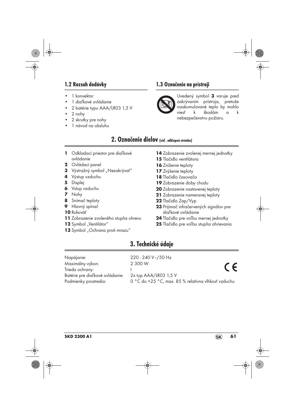 Označenie dielov, Technické údaje, 2 rozsah dodávky | 3 označenie na prístroji | Silvercrest SKD 2300 A1 User Manual | Page 63 / 86