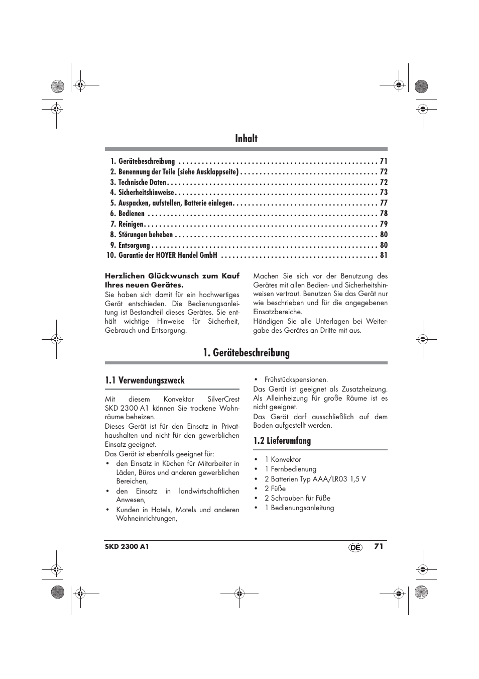 Inhalt, Gerätebeschreibung, 1 verwendungszweck | 2 lieferumfang | Silvercrest SKD 2300 A1 User Manual | Page 73 / 86