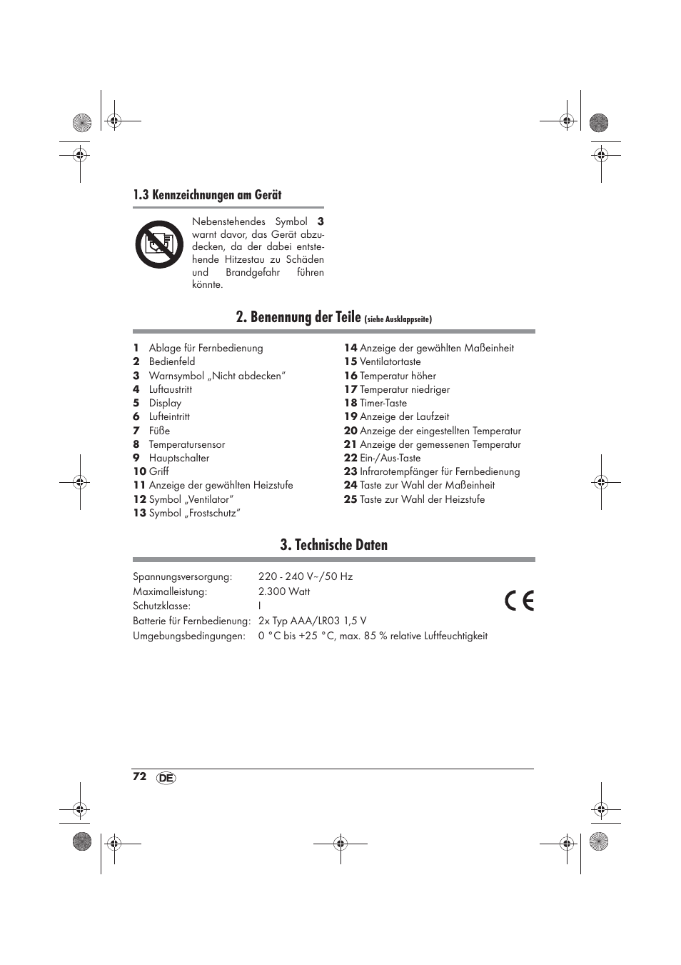 Benennung der teile, Technische daten, 3 kennzeichnungen am gerät | Silvercrest SKD 2300 A1 User Manual | Page 74 / 86