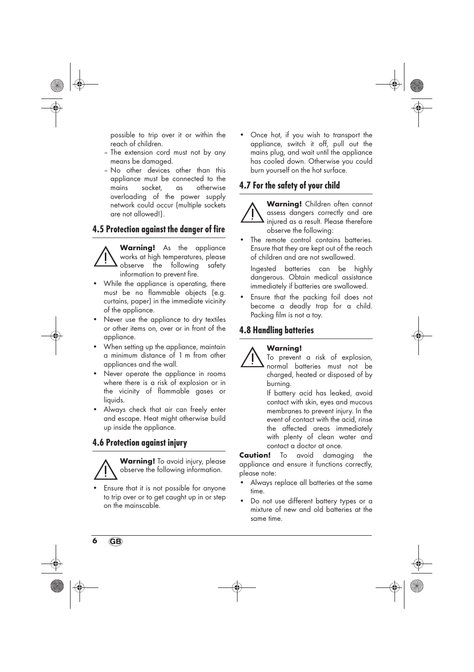 5 protection against the danger of fire, 6 protection against injury, 7 for the safety of your child | 8 handling batteries | Silvercrest SKD 2300 A1 User Manual | Page 8 / 86