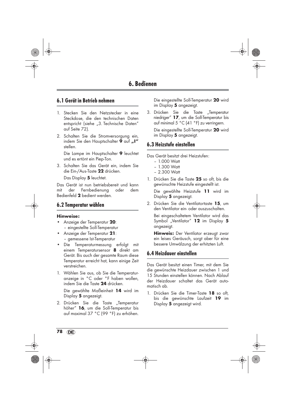 Bedienen, 1 gerät in betrieb nehmen, 2 temperatur wählen | 3 heizstufe einstellen, 4 heizdauer einstellen | Silvercrest SKD 2300 A1 User Manual | Page 80 / 86