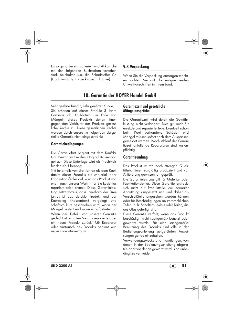 Garantie der hoyer handel gmbh | Silvercrest SKD 2300 A1 User Manual | Page 83 / 86